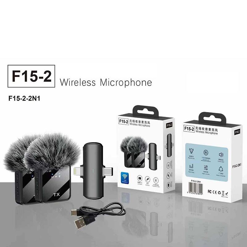 Wireless Lavalier Microphone Dual Receiver - F15 3-in-1 Wireless Lavalier Mic 2-Person